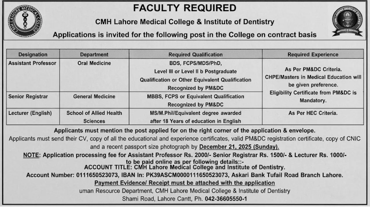 CMH Lahore Medical College and Institute of Dentistry announcing December 2025 faculty and medical job vacancies.