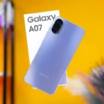Samsung Galaxy A07 5G smartphone showing full specifications including Dimensity 6300 processor, 5000mAh battery, 6.7-inch display, Android 16 and 5G connectivity